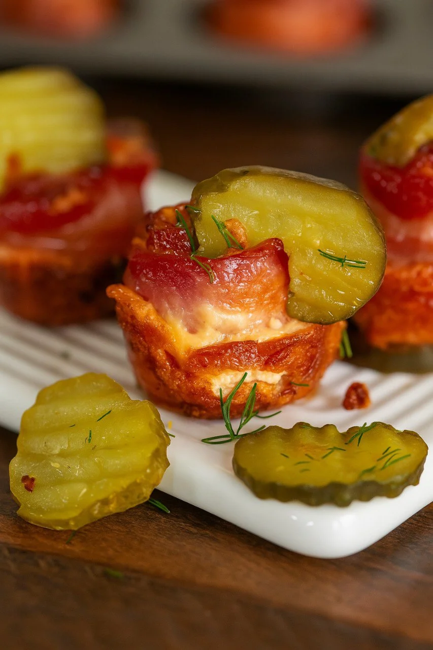 Crispy Dill Pickle Bacon Shots with Cream Cheese Filling