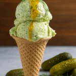 Dill Pickle Ice Cream with a Honey Drizzle garnished with fresh dill