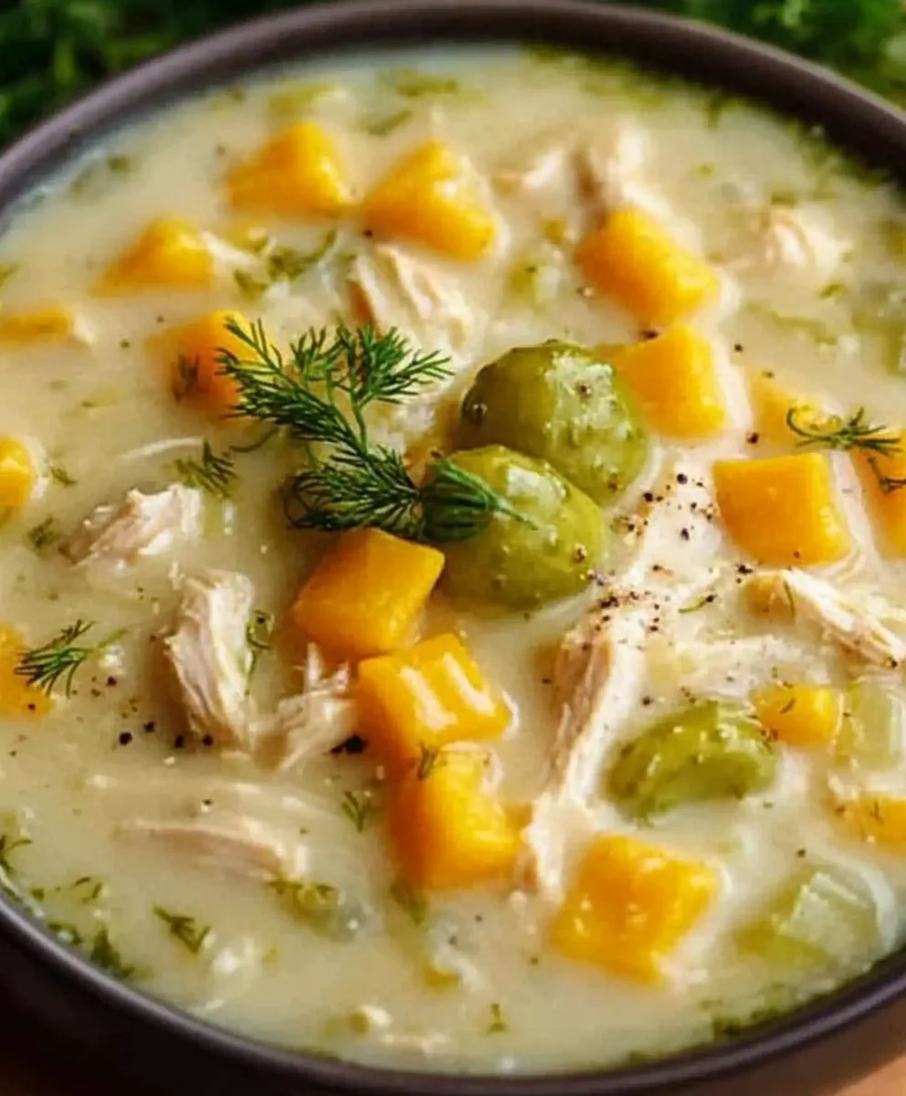 Creamy Dill Pickle Chicken Chowder in a Bowl