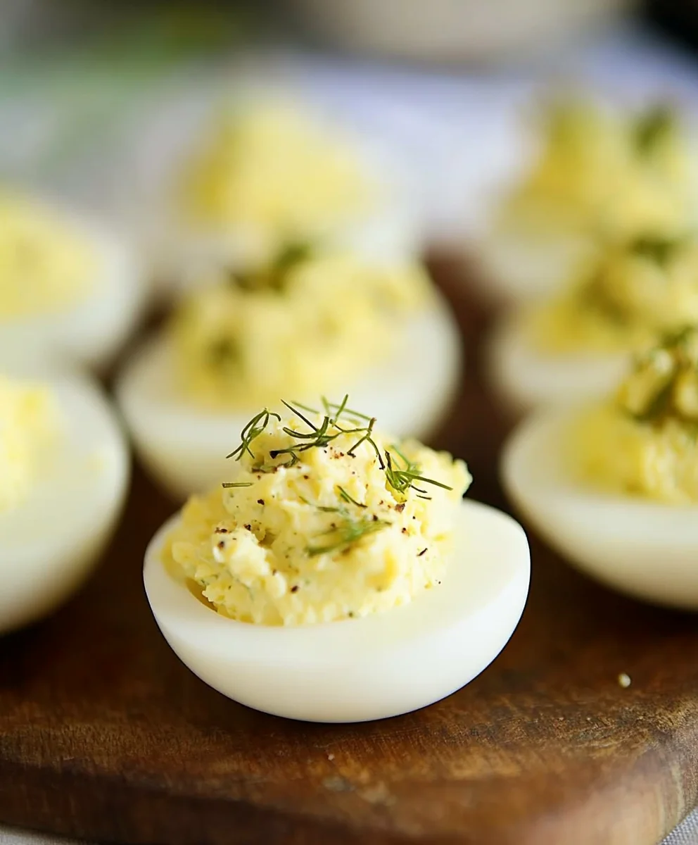 Dill Pickle Deviled Eggs garnished with fresh dill