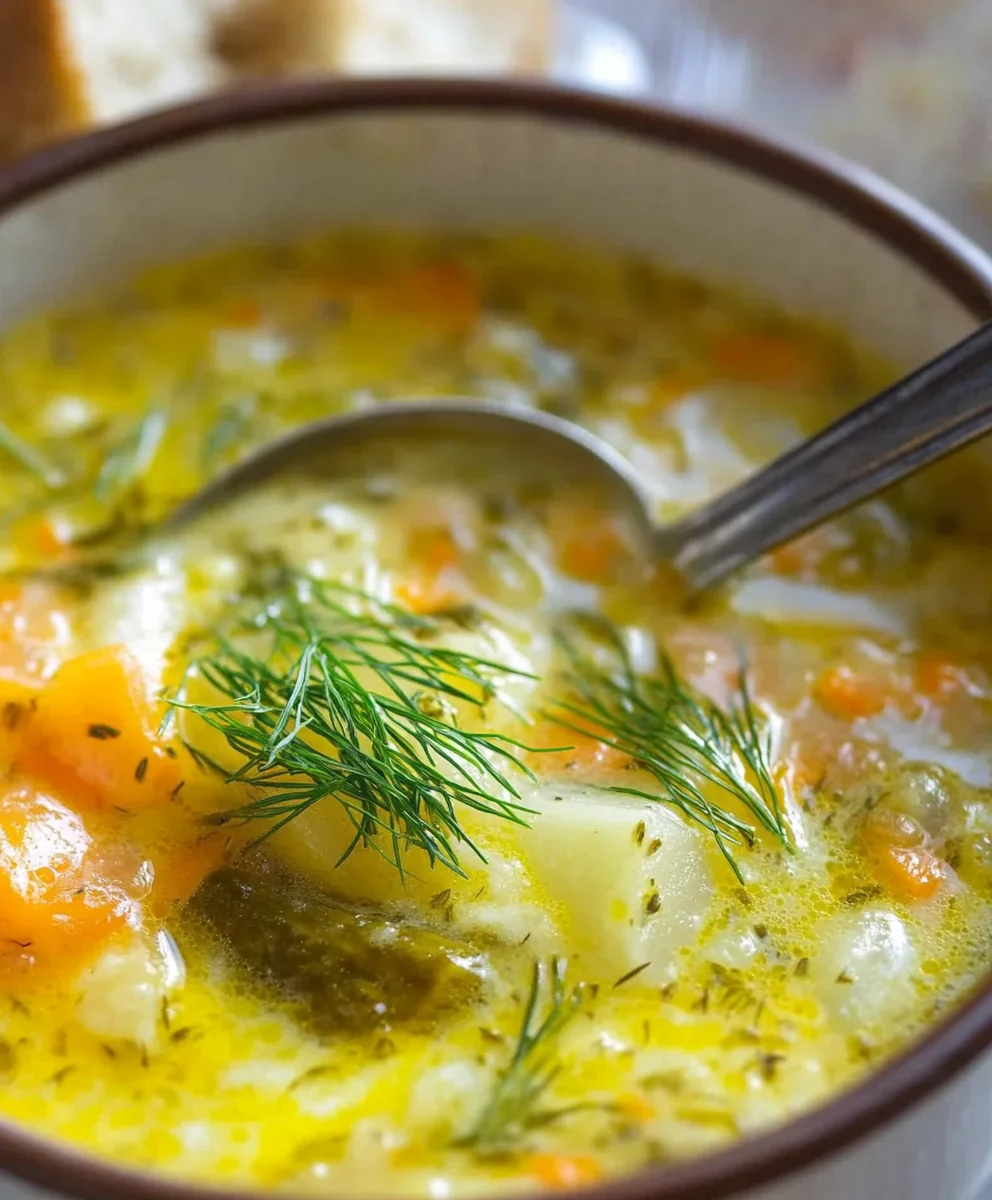 Creamy Dill Pickle Soup with Fresh Dill Garnish