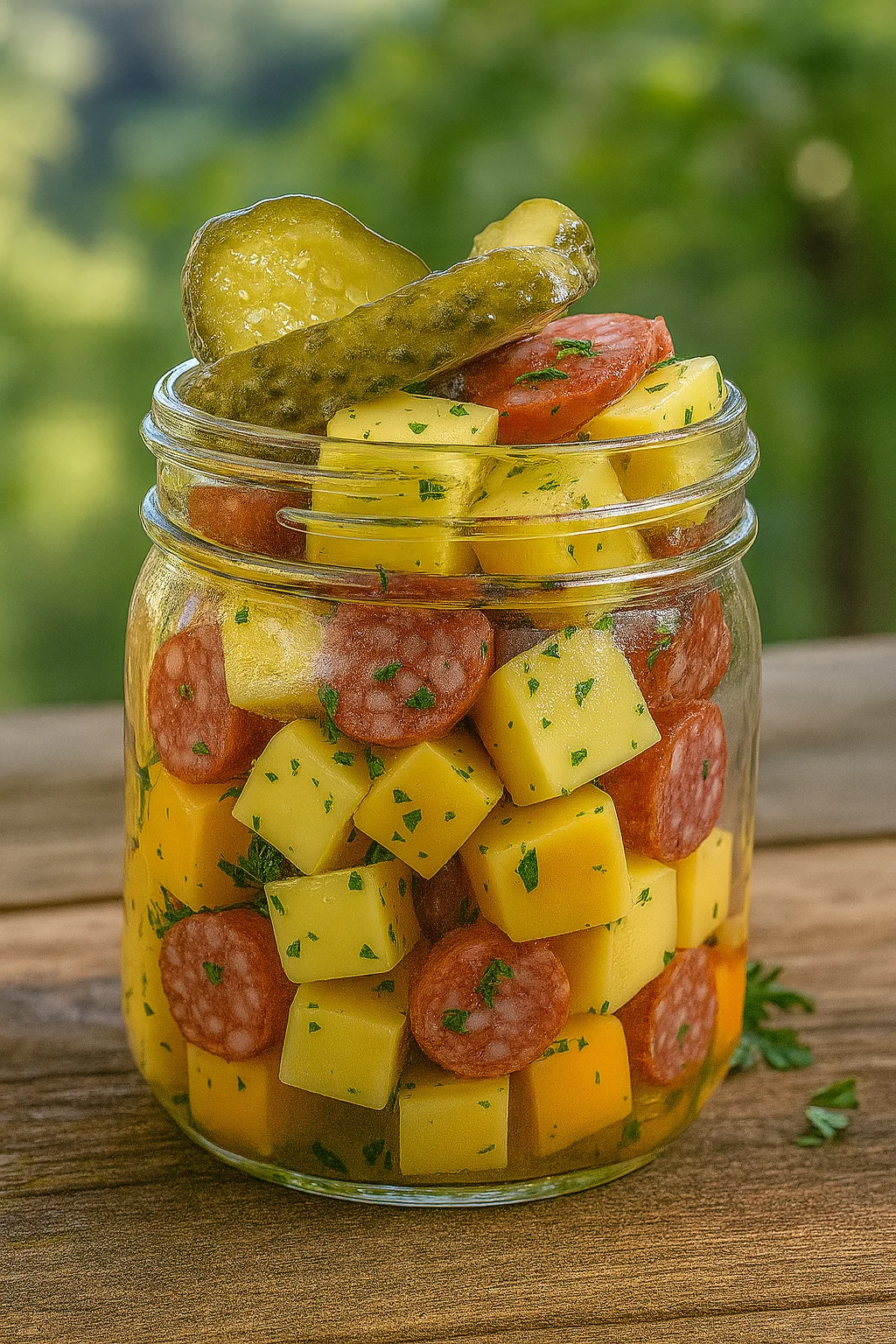 Easy Marinated Cheese Appetizer with Salami and Pickles on a platter