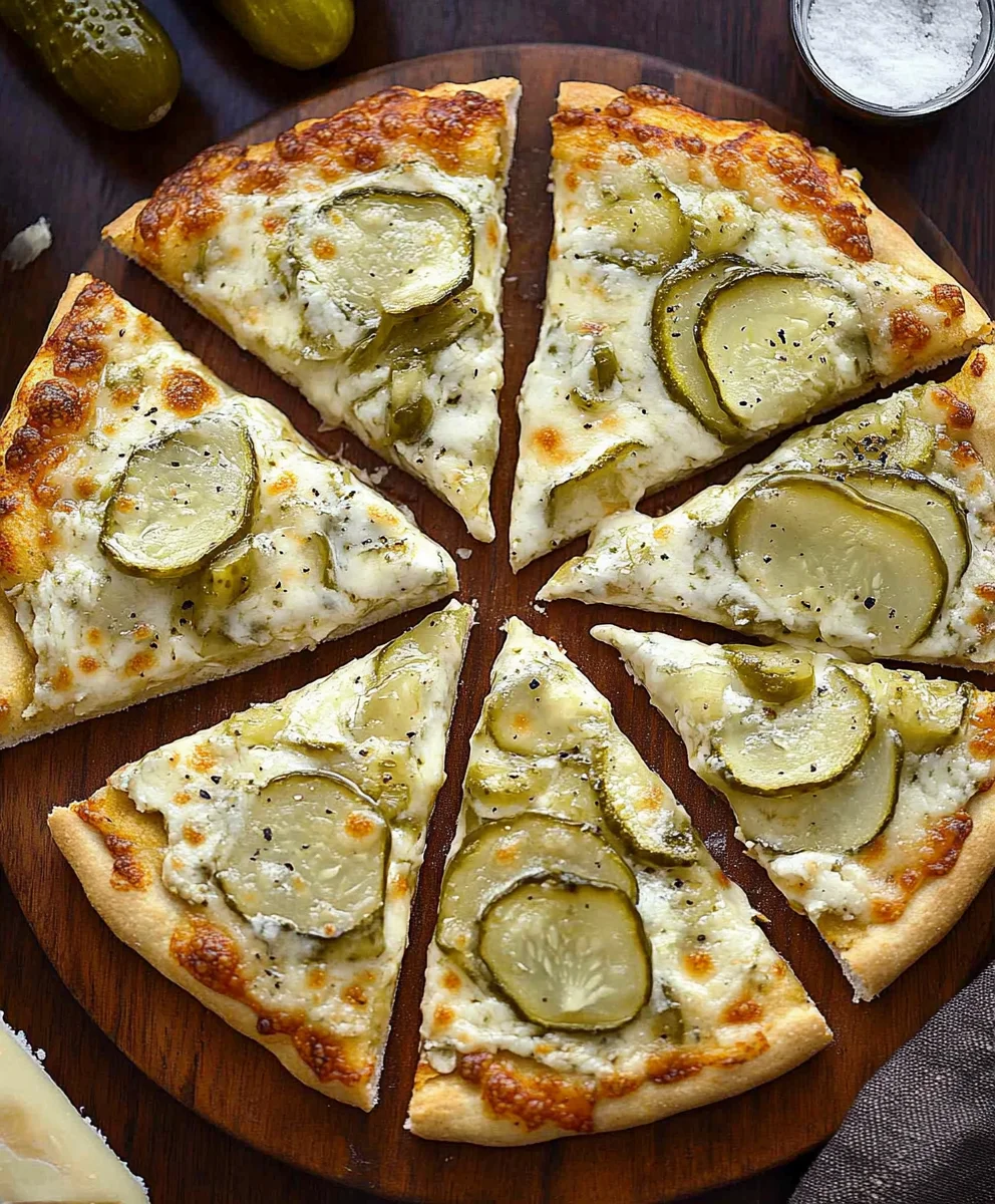 Sliced Homemade Dill Pickle Pizza with creamy garlic sauce
