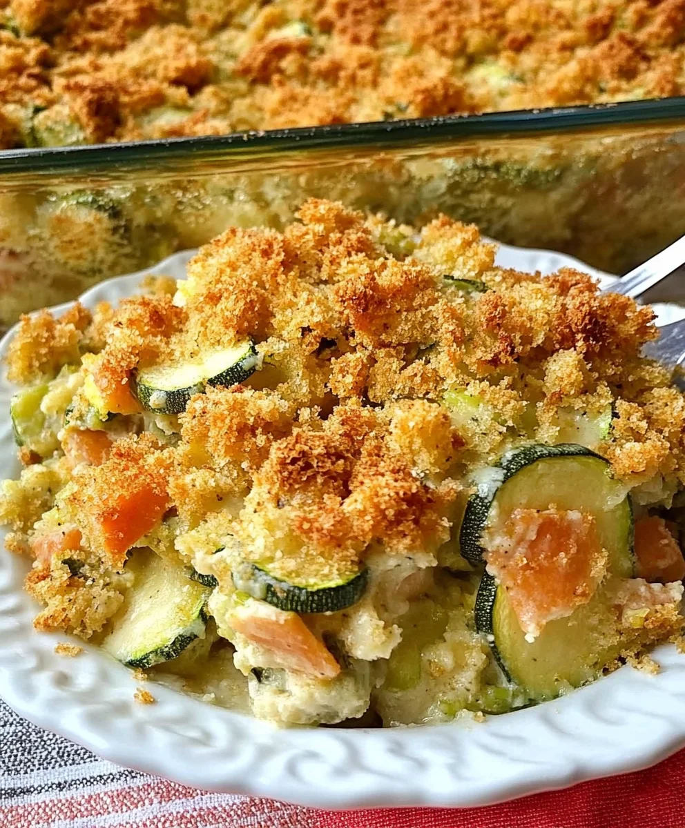 Freshly baked zucchini casserole with stuffing mix topped with golden crust