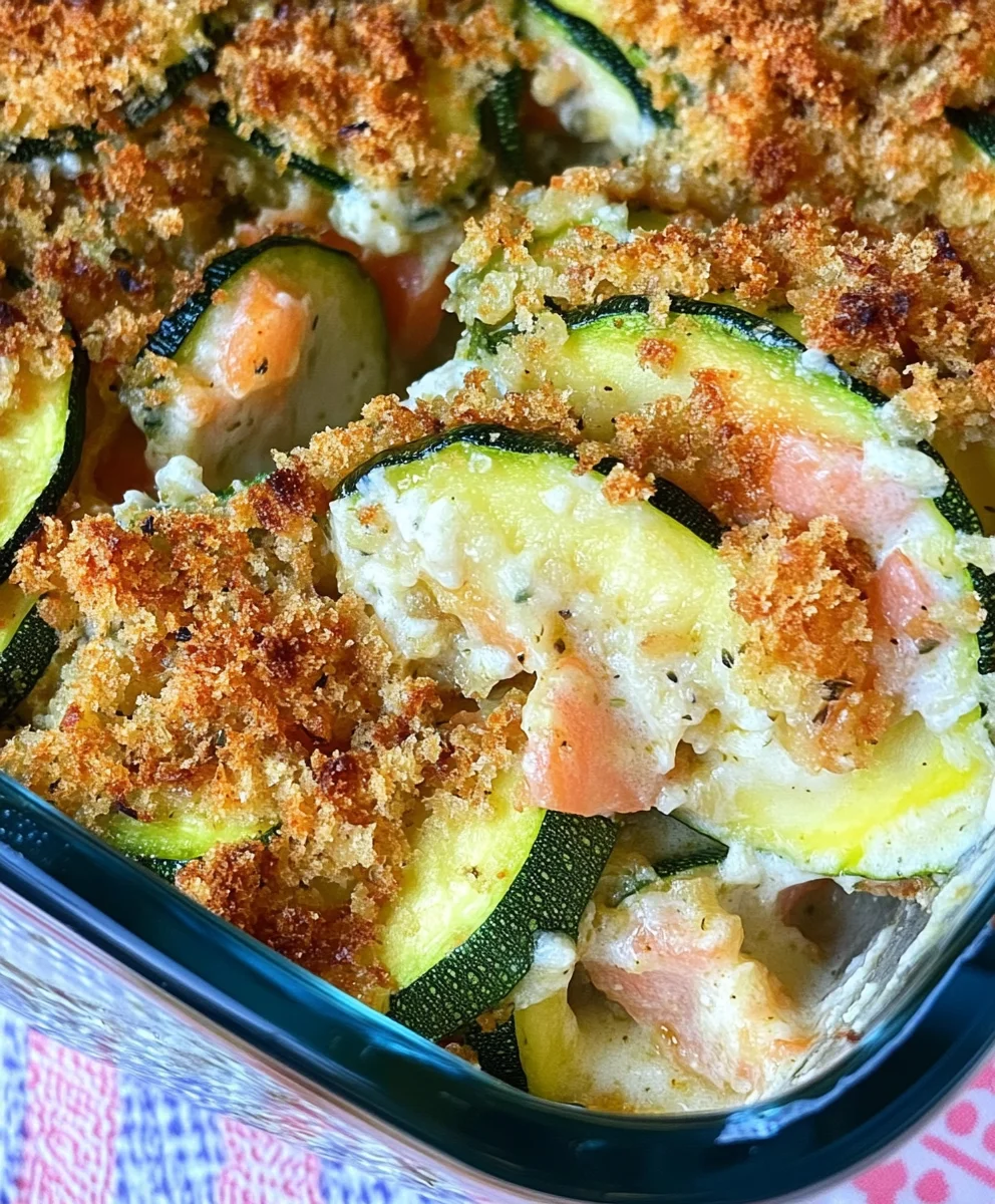 Layered zucchini casserole with stuffing mix and creamy sauce