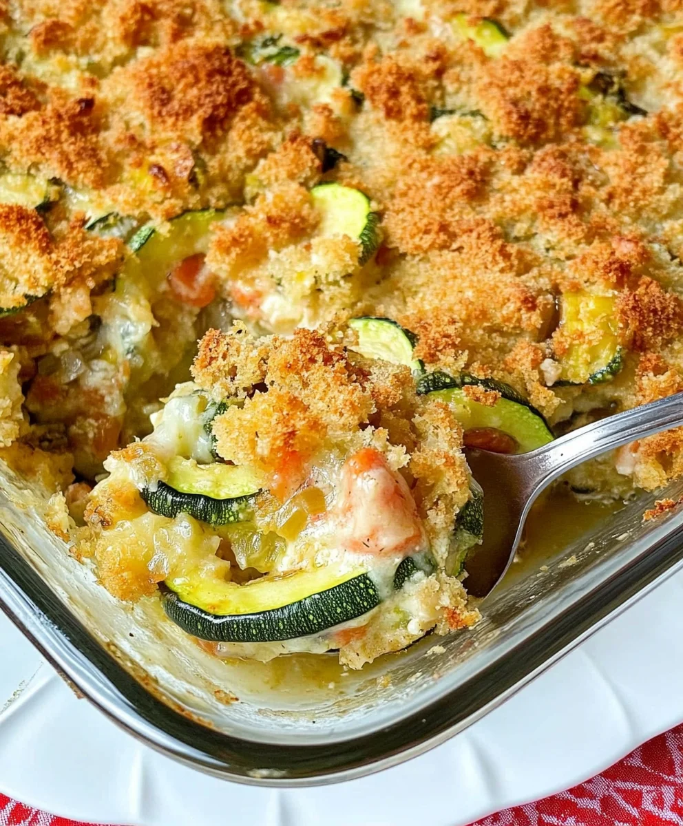 Zucchini and stuffing casserole served with a side of sour cream