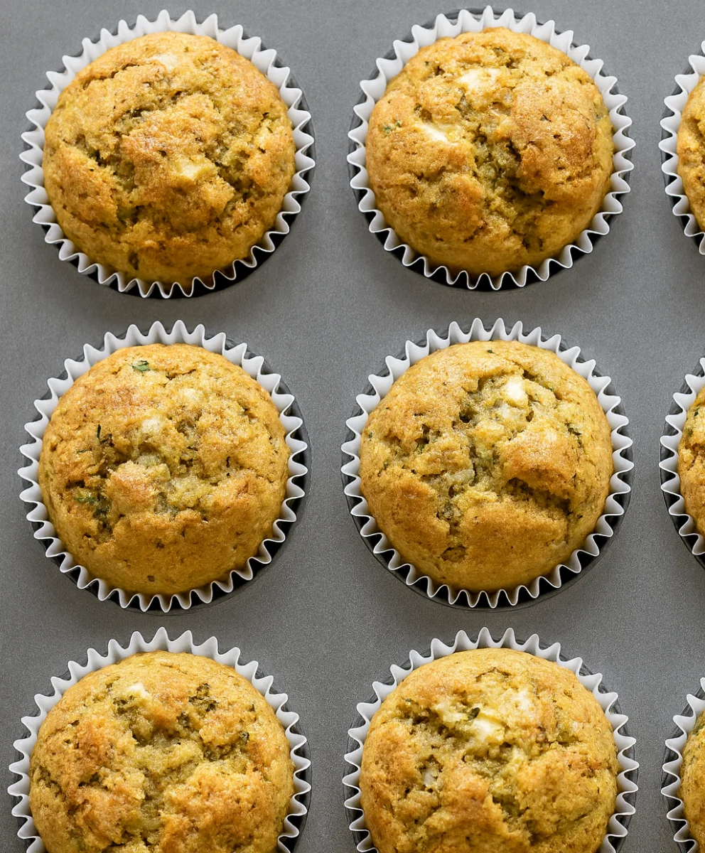 Vegan banana zucchini muffins with shredded zucchini on a wooden table