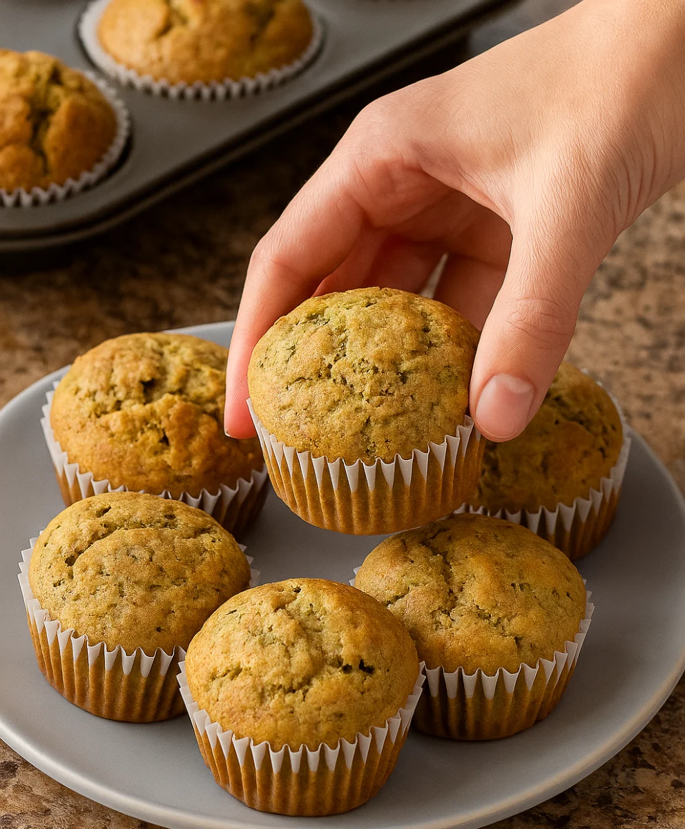 Moist banana zucchini muffins topped with nuts and a sprinkle of cinnamon