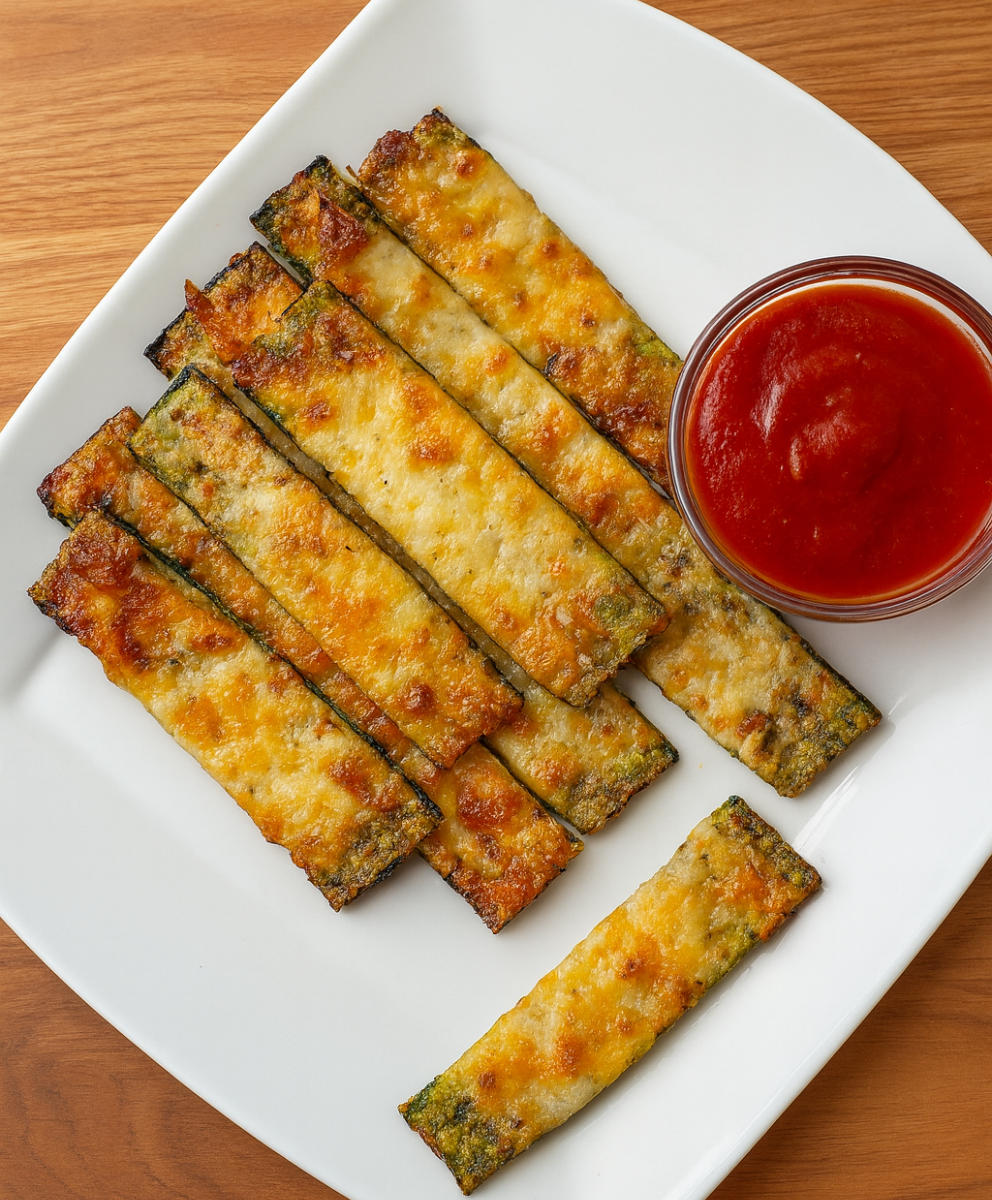 Cheesy Zucchini Fries with Dipping Sauce Cheesy Zucchini Fries Served with Marinara Sauce