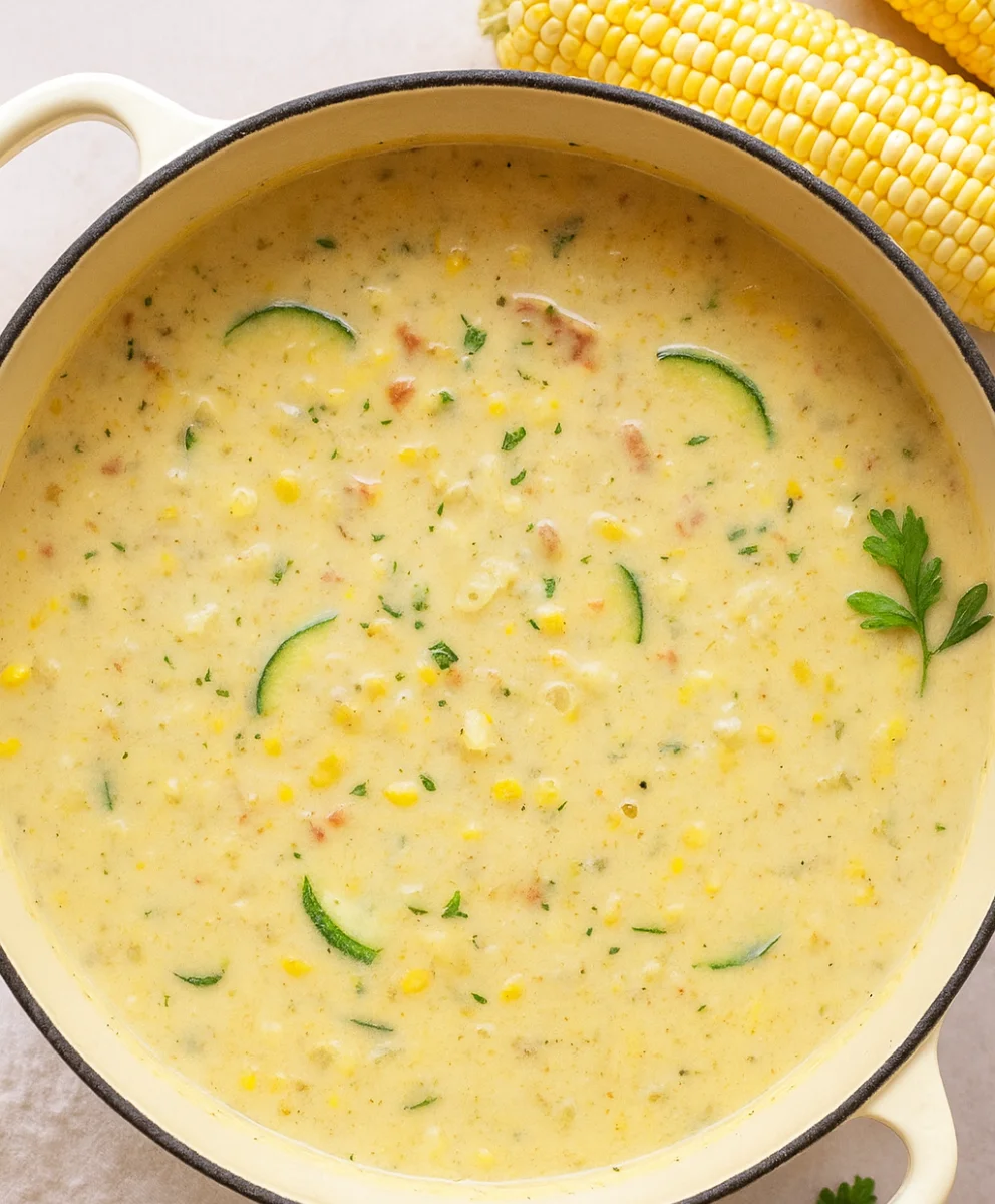 Chowder Ingredients Ready to Cook Ingredients for Summer Corn and Zucchini Chowder including fresh vegetables and bacon