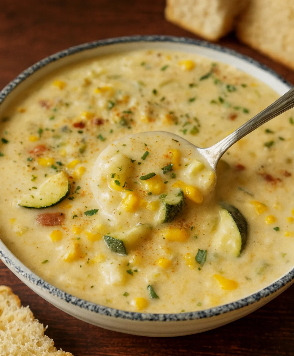 Fresh Summer Corn and Zucchini Delight Summer Corn and Zucchini Chowder with fresh herbs in a bowl