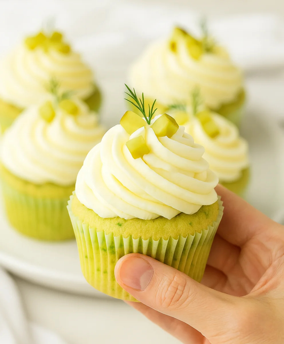 Close-up of Dill Pickle Cupcakes with Whipped Cream Frosting