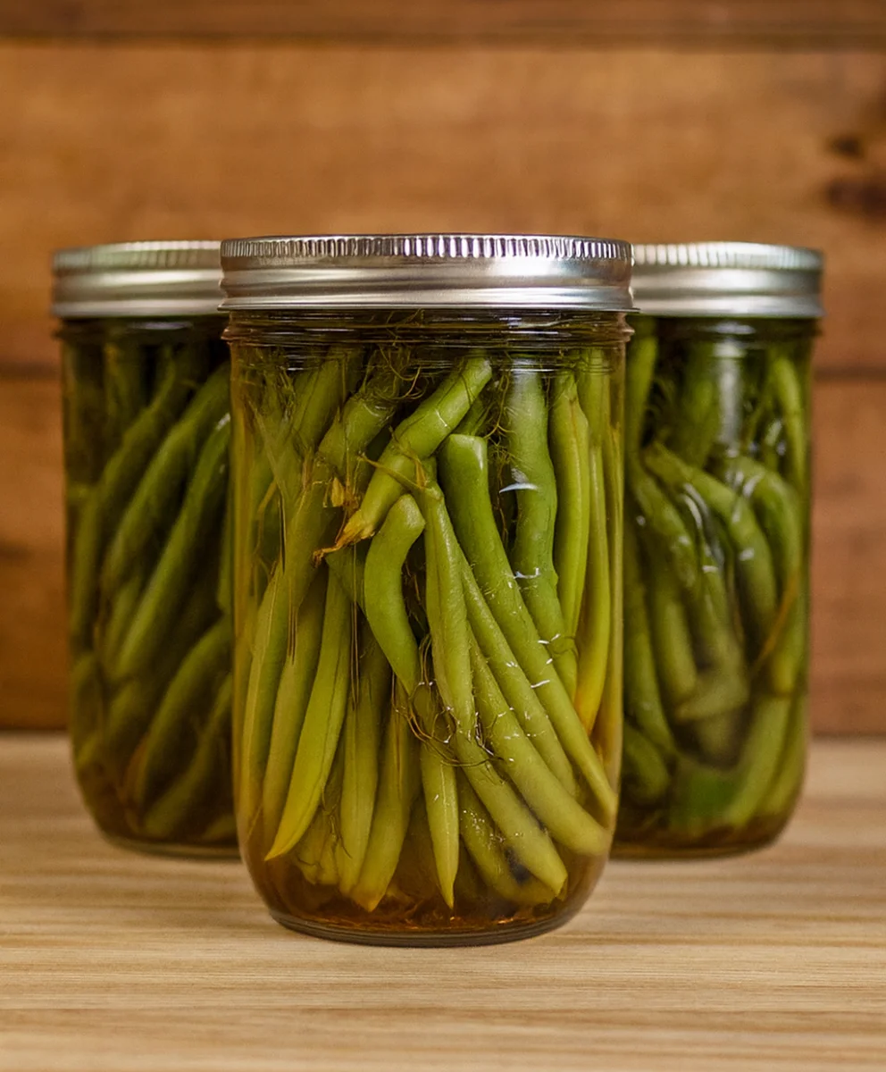 Dill Pickled Green Beans in a glass jar with garlic and dill