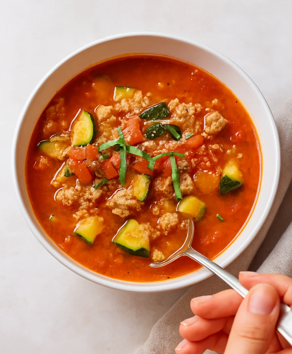 Healthy Zucchini Tomato Italian Sausage Soup in a Pot