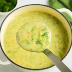 Bowl of High Protein Broccoli Cheddar Soup with Cheese Garnish