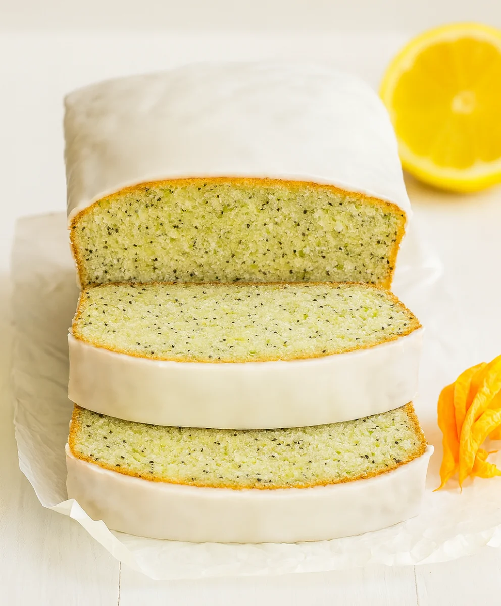 Freshly baked lemon poppy seed zucchini bread with glaze