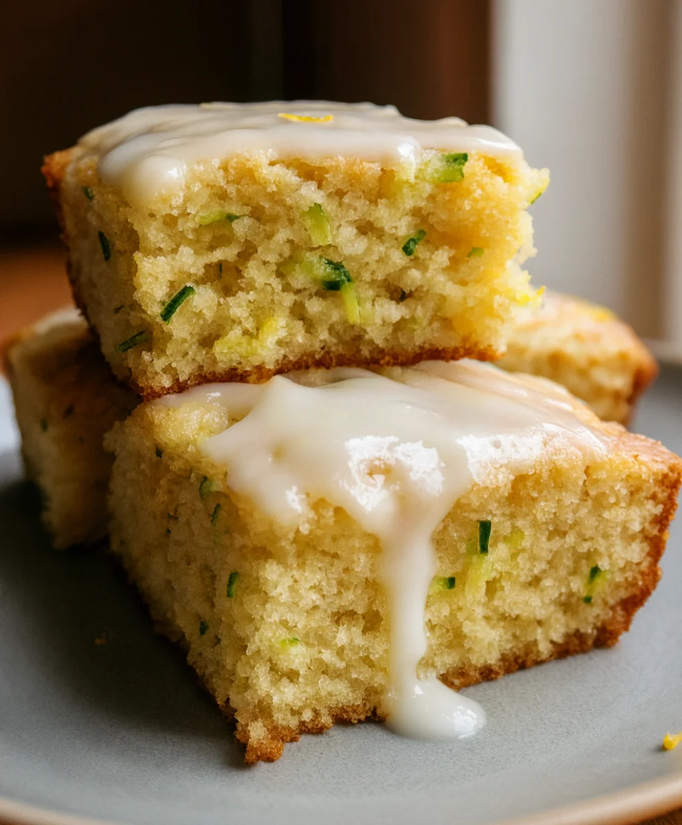Freshly Baked Lemon Zucchini Bars with Glaze Dripped on Top