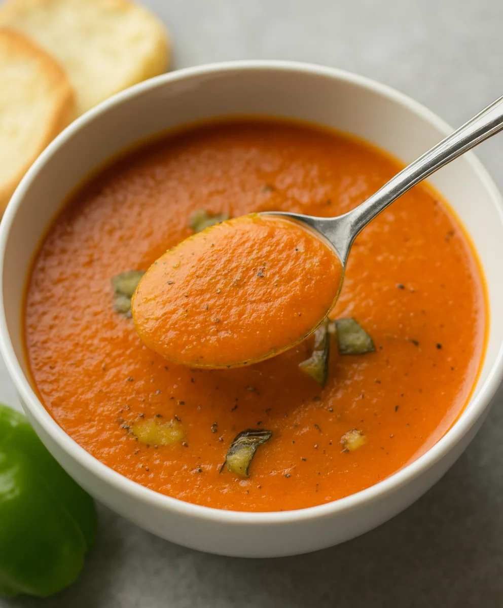 Roasted Zucchini and Tomato Soup in a Bowl with Basil Garnish