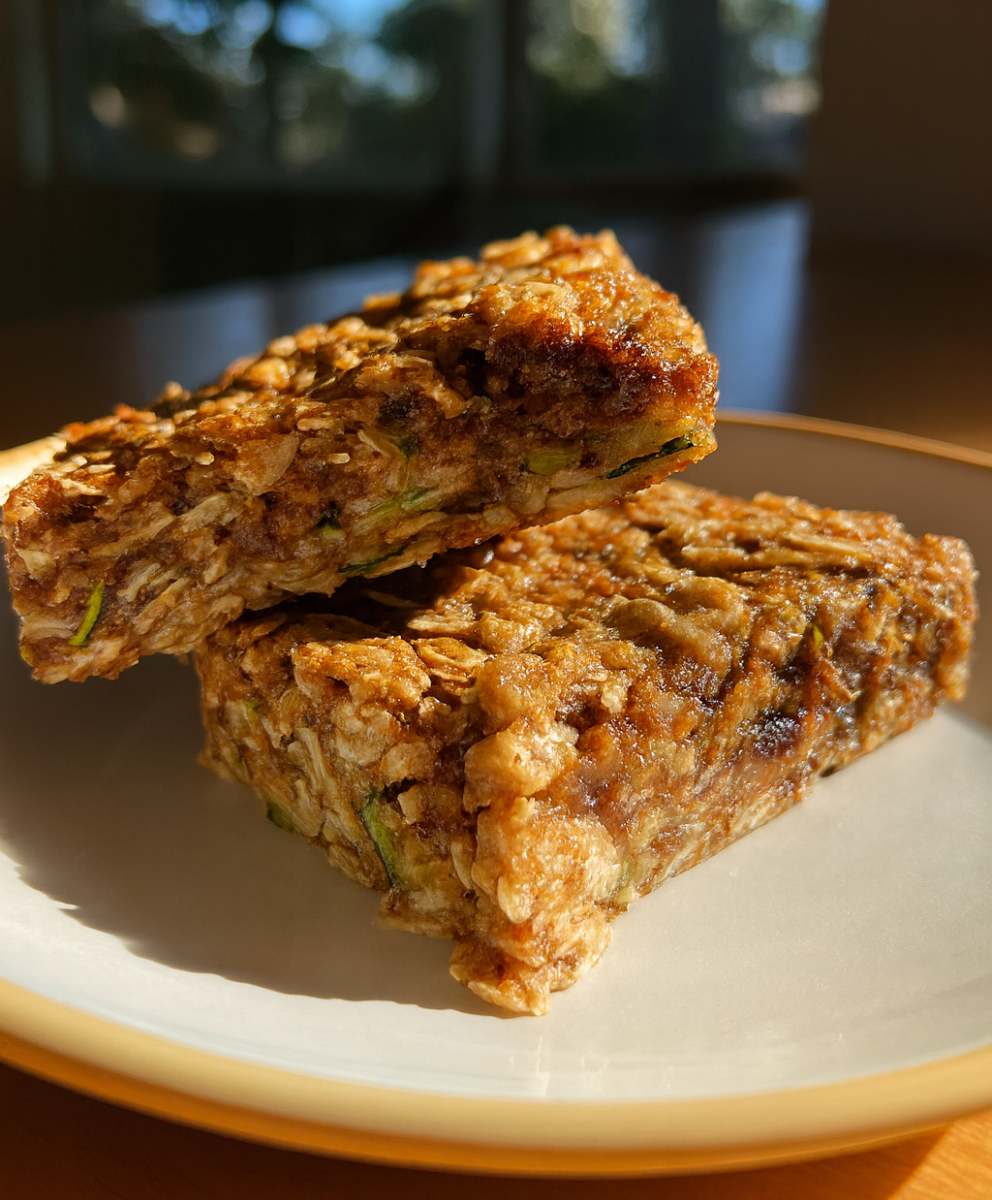 Serving suggestion of shocking chewy zucchini oatmeal bars