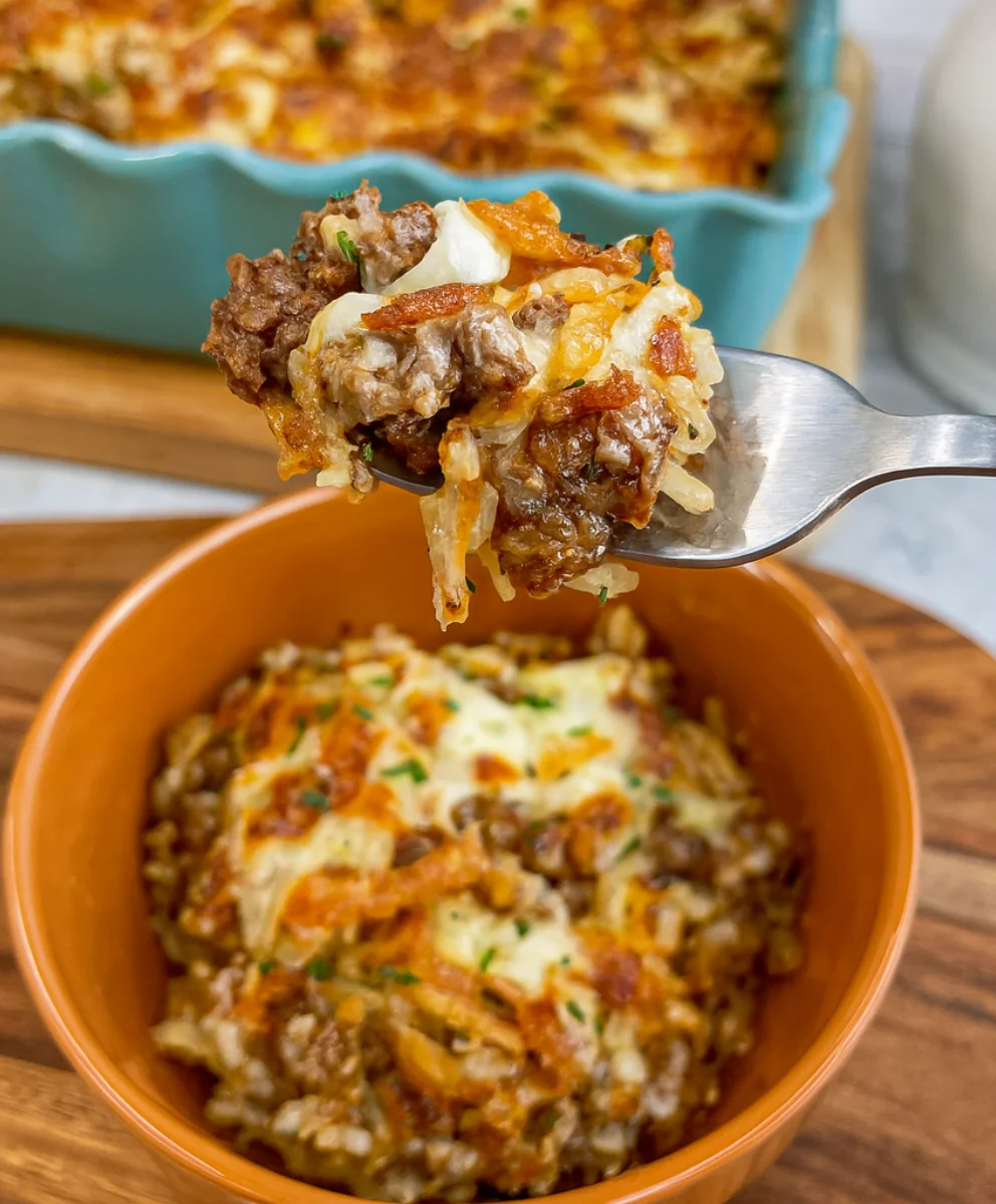French Onion Ground Beef and Rice Casserole fresh out of the oven