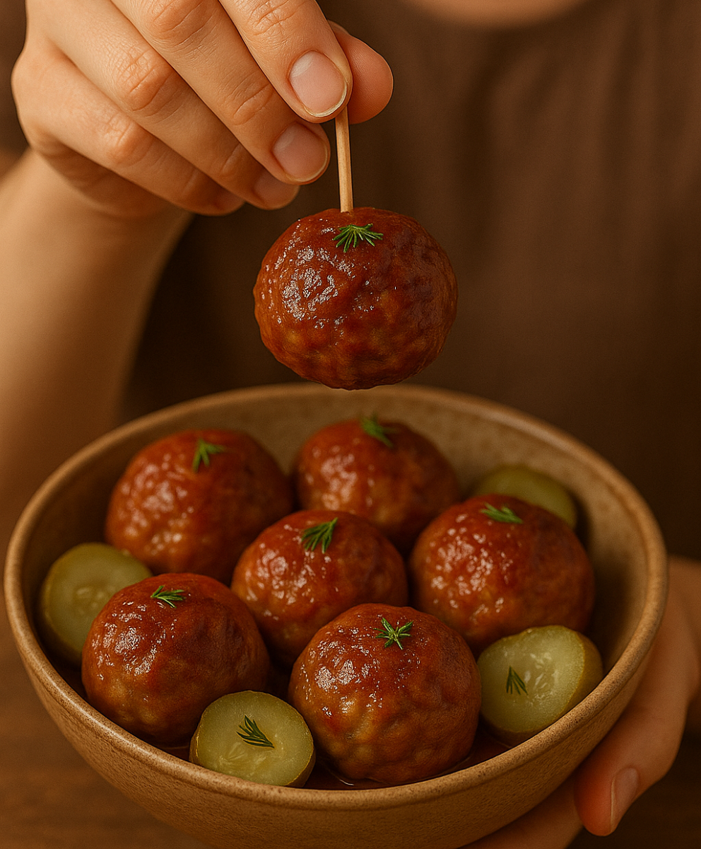 Juicy Dill Pickle Stuffed Meatballs with BBQ Glaze