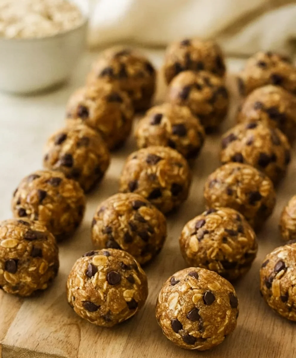 Peanut Butter Oat Balls stacked on a wooden board