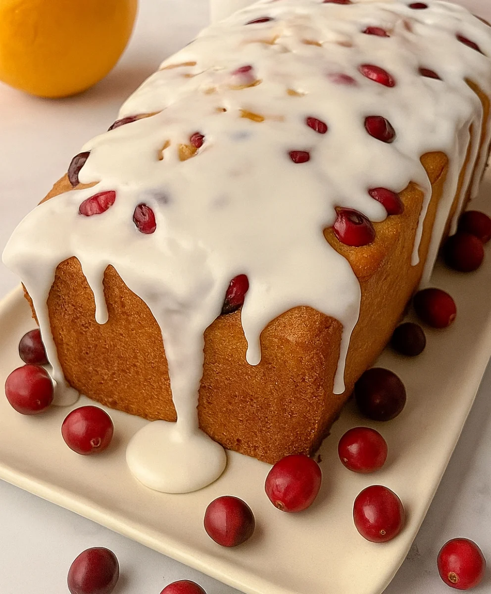 Freshly baked cranberry orange bread with glaze