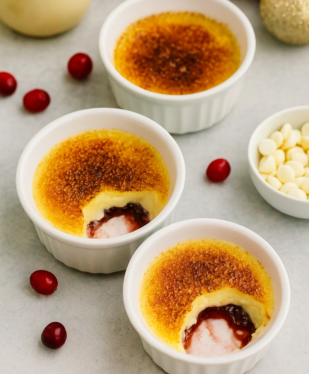 White Chocolate Cranberry Creme Brûlée with Sugar Caramelization