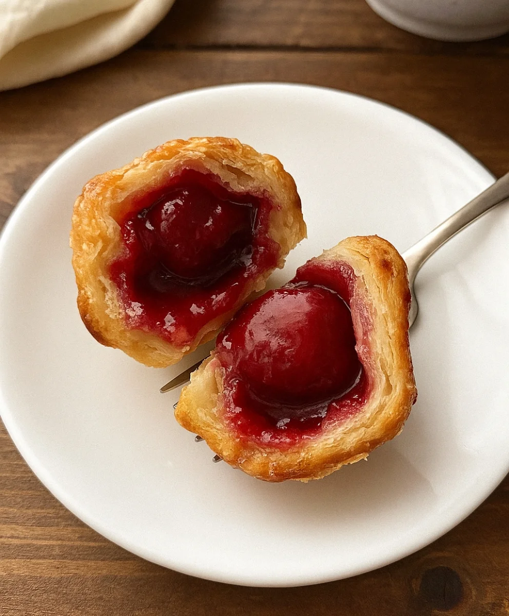 Close-up of a delicious cherry pie bite being glazed