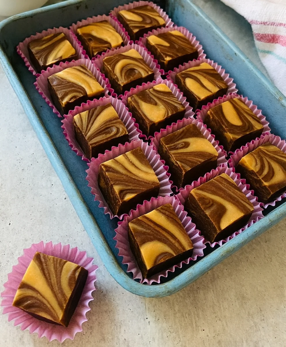 Easy Chocolate Peanut Butter Swirl Fudge in a square pan