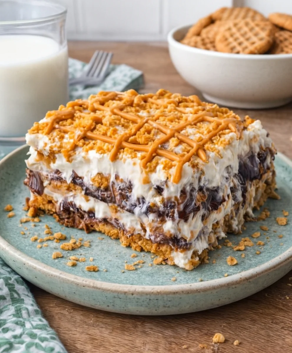 Layered Peanut Butter Cookie Dessert Close-up view of Peanut Butter Cookie Lasagna with layers
