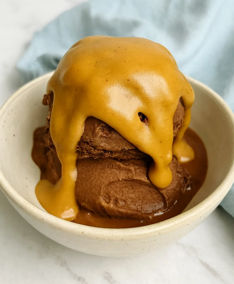 Homemade Peanut Butter Magic Shell on a sundae with peanut butter cups