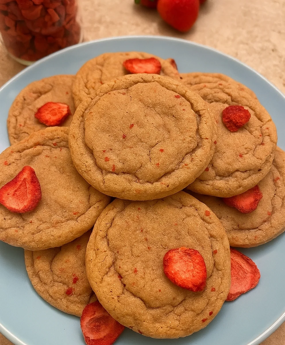 Soft and chewy strawberry cookies with freeze-dried strawberries