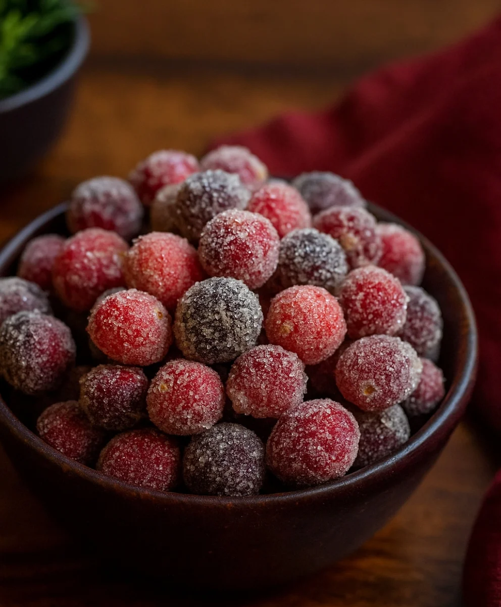 Elegant Sugared Cranberries Display Fresh Sugared Cranberries on a Holiday Dessert Table