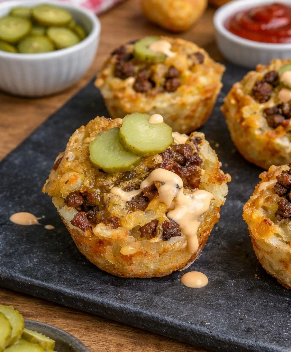 Baked Cheeseburger Tater Tot Muffins Garnished with Mini Pickles