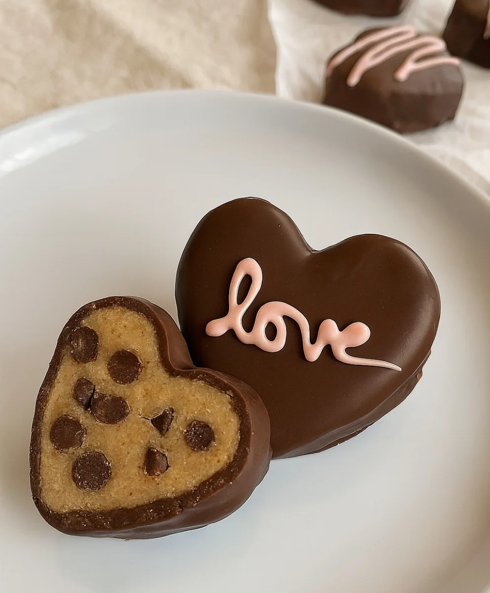 Close-up of colorful Chocolate Chip Cookie Dough Valentine’s Hearts showing chocolate drip