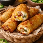 Crispy Mini Jalapeño Popper Egg Rolls filled with cheese and bacon