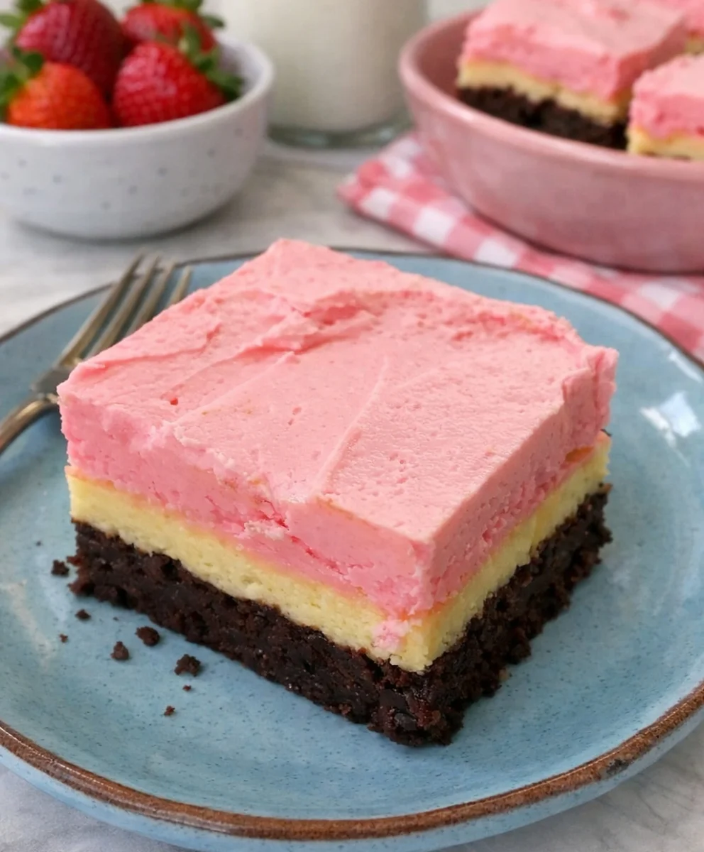 Sliced Neapolitan Cheesecake Brownies with Swirled Layers