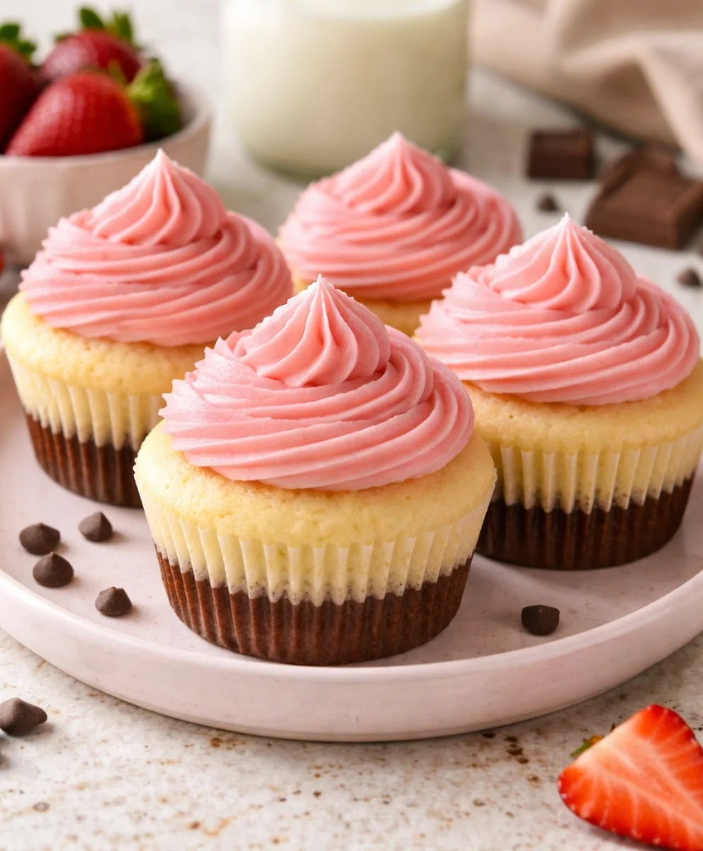 Neapolitan Cupcakes Trio Flavor Neapolitan Cupcakes with Strawberry Buttercream Frosting