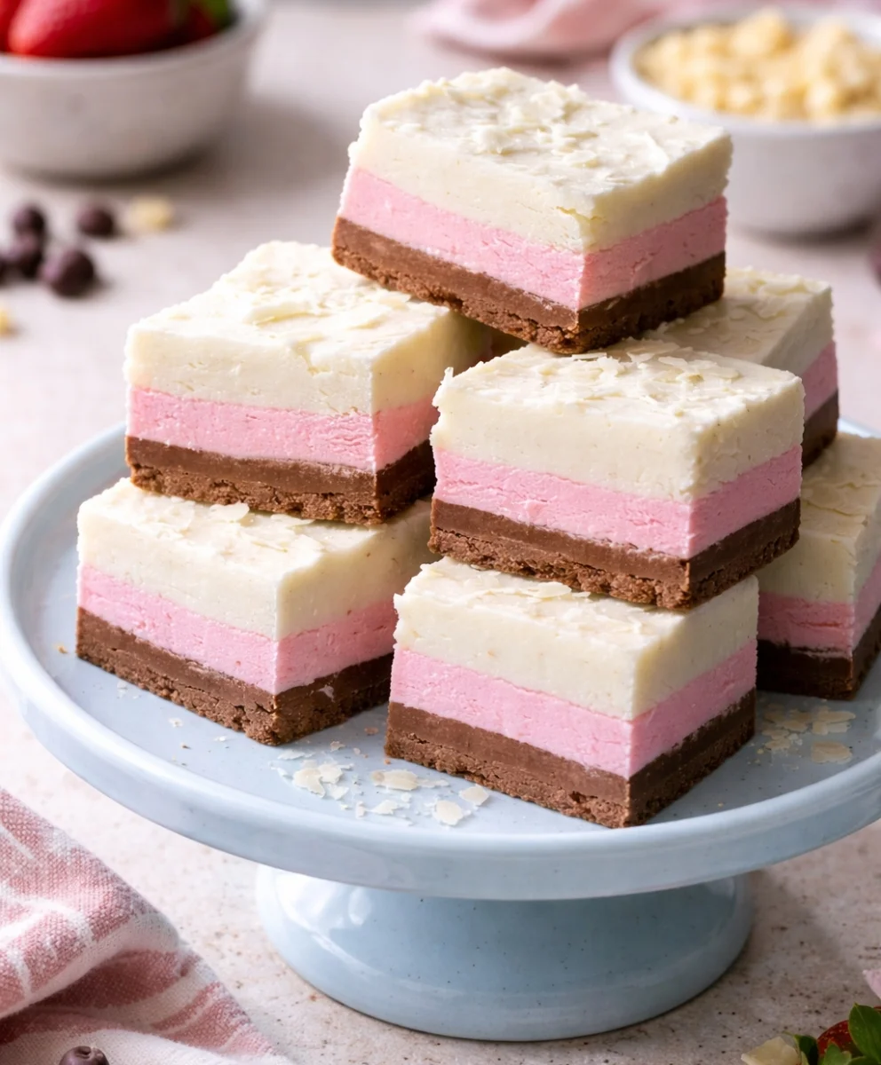 Decorated Inside-Out Neapolitan Layer Cake with sprinkles and frosting