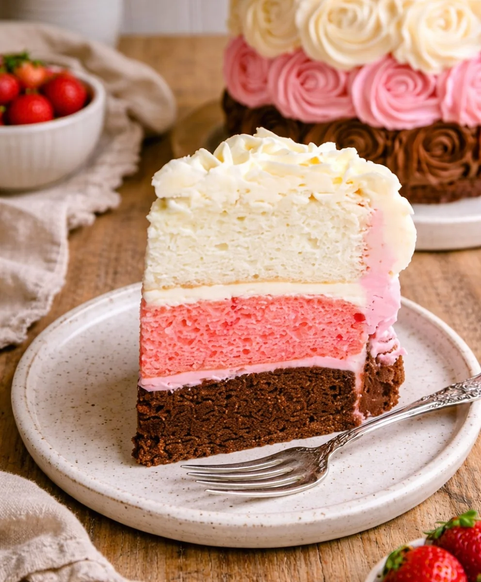 Elegant Neapolitan Rose Cake with vanilla buttercream and chocolate layer