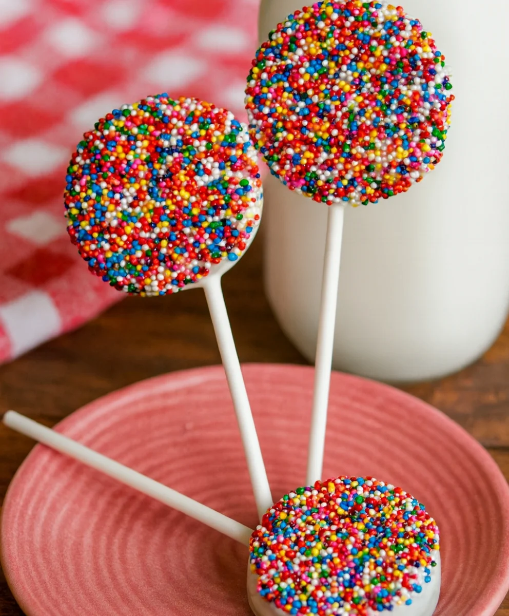 White chocolate Oreo Pops with colorful sprinkles