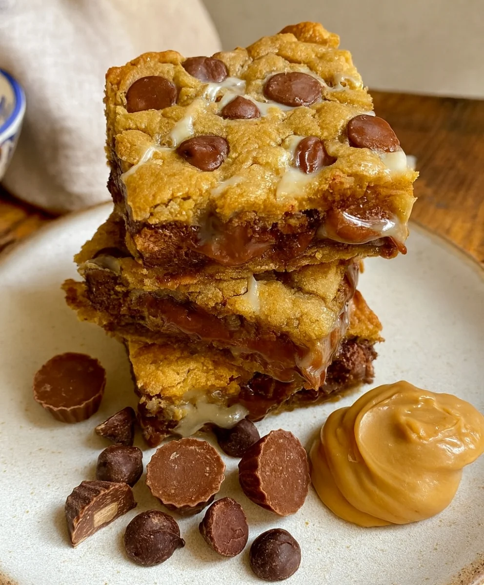 Peanut Butter Cup Gooey Cookie Bars topped with sweetened condensed milk, ready to serve