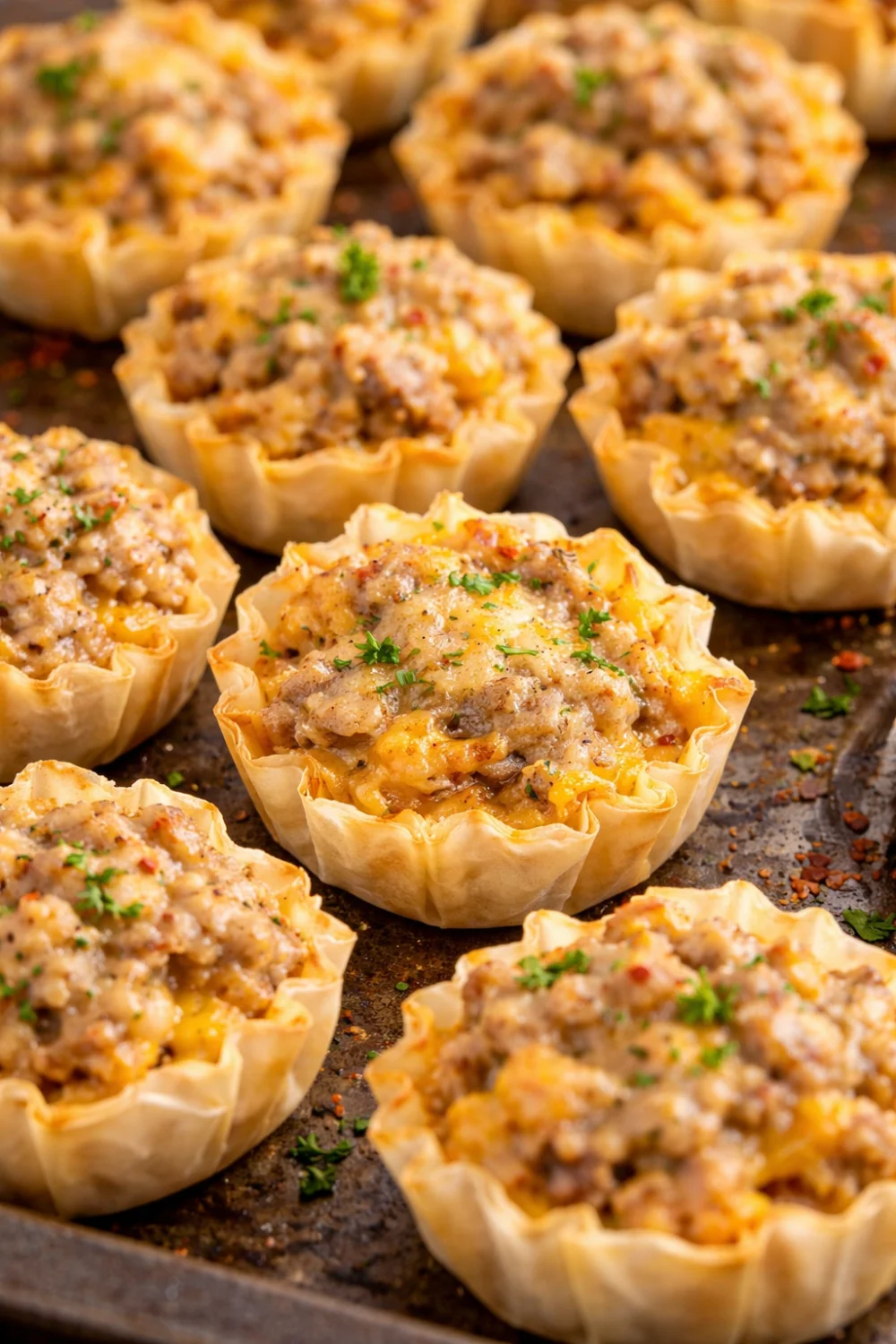 Festive Sausage Cheese Bites Savory spicy sausage and cheese tarts arranged on a serving plate