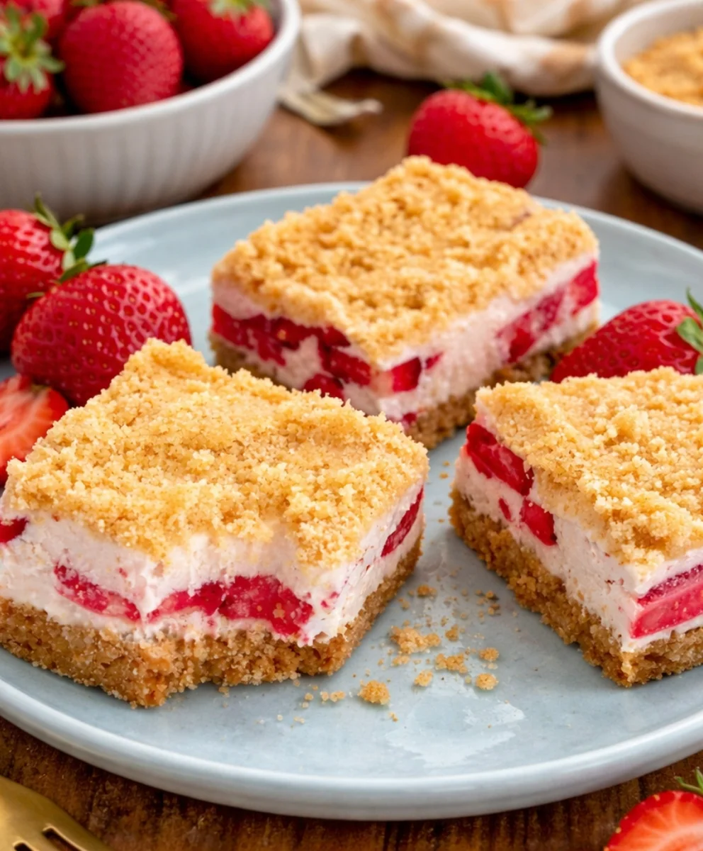 Layered Strawberry Shortcake Treat Layered strawberry shortcake bars with fresh fruit topping