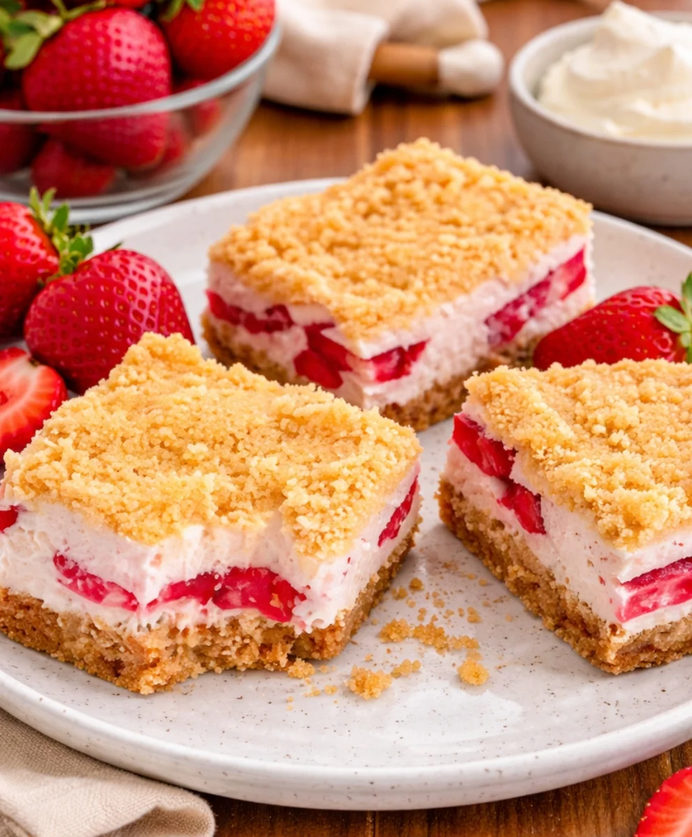 Delicious Strawberry Shortcake Bars Freshly baked strawberry shortcake bars with whipped cream