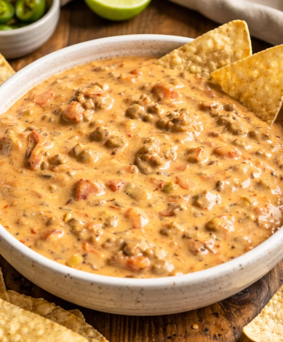 The Best Slow Cooker Queso Dip with ground beef