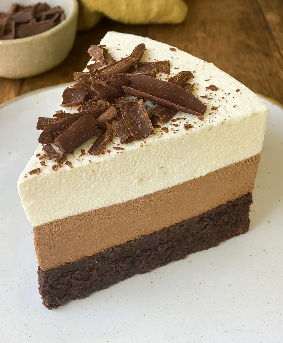 No-bake Triple Chocolate Mousse Cake with white chocolate mousse layer