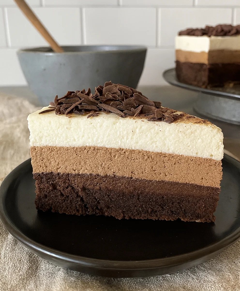 Triple Chocolate Mousse Cake Recipe with layers of mousse