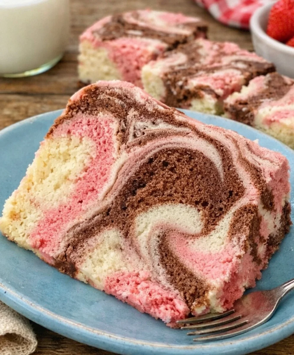 Vanilla-Chocolate-Strawberry Sheet Cake displayed with layers of frosting
